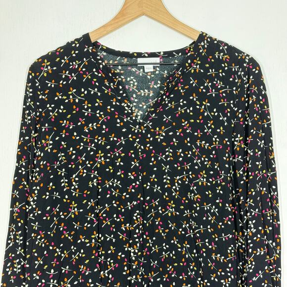J. Jill Blouse Top Size Small Black Floral Tie Front Split Neck Long Sleeve Boho - Picture 4 of 9